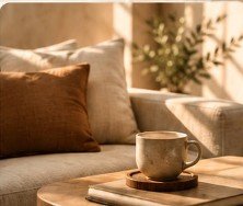 Living room couch with terracotta cushion and tea on wooden table