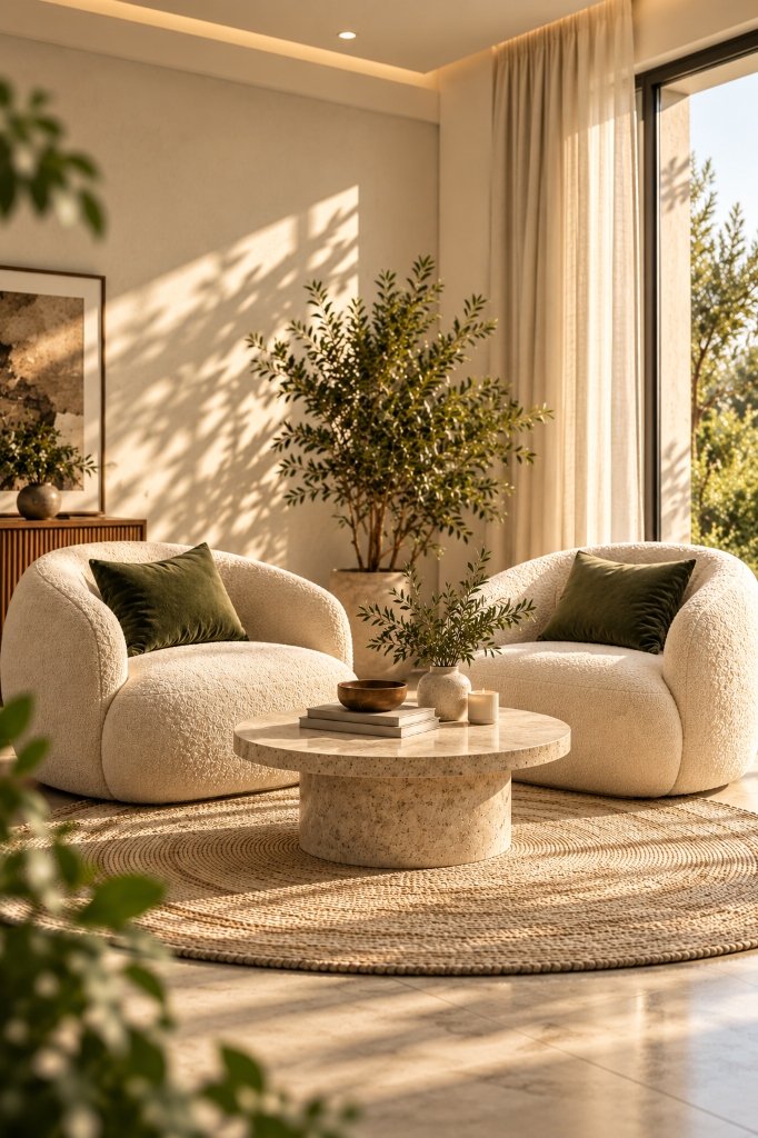 Two comfortable cream bouclé armchairs arranged for conversation around a travertine table with plant, soft sunlight and tall window in a serene room